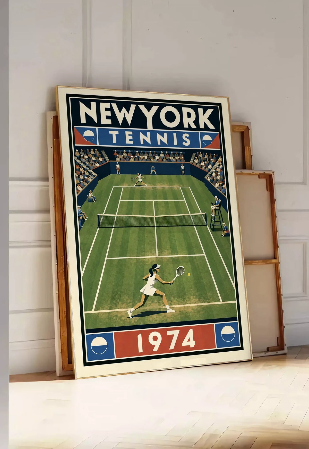 Affiche New York Tennis New York Tennis 1974 Femme gazon volée Court, affiche Art déco de tennis new-yorkaise