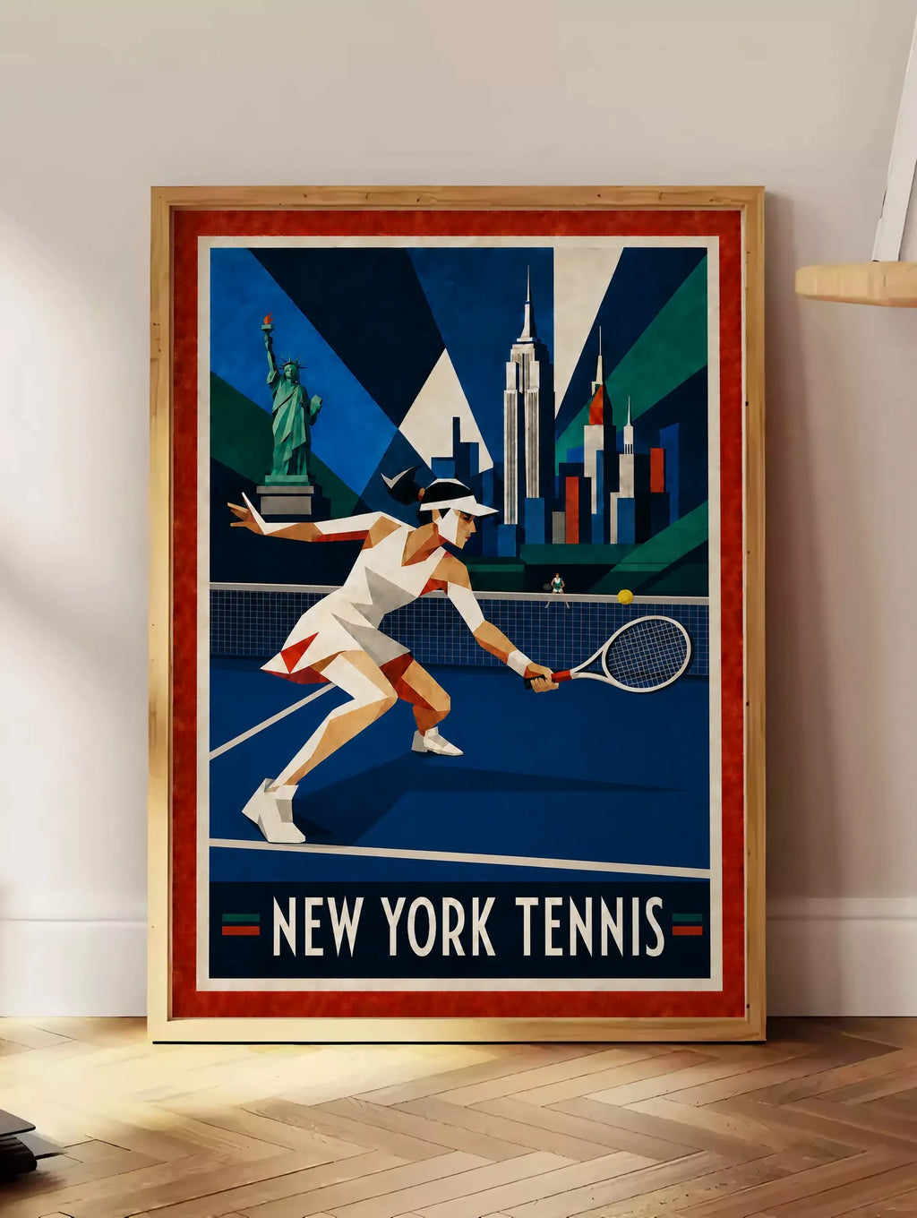 Affiche New York Tennis Geometric Femme Low demi-volée, affiche Art déco de tennis new-yorkaise