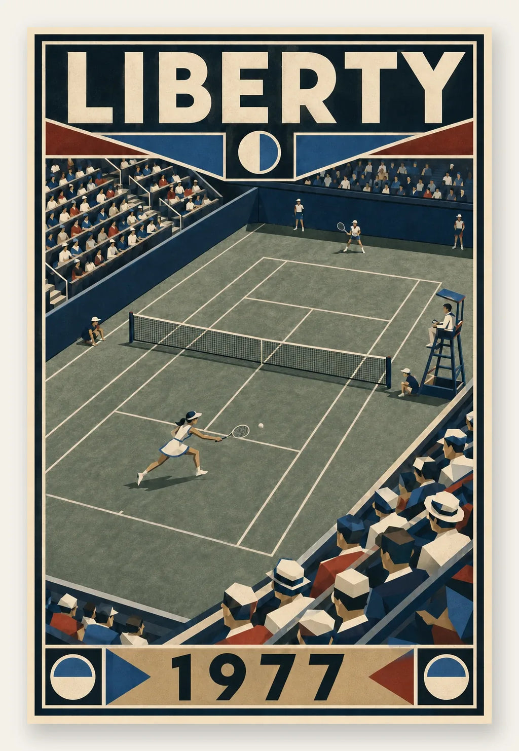 Affiche New York Tennis Liberty Tennis 1977 Femme Har-Tru dernière année, affiche Art déco de tennis new-yorkaise