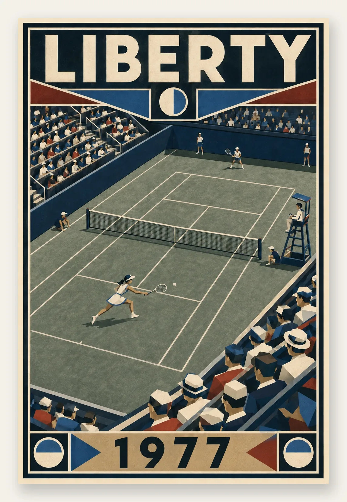 Affiche New York Tennis Liberty Tennis 1977 Femme Har-Tru dernière année, affiche Art déco de tennis new-yorkaise