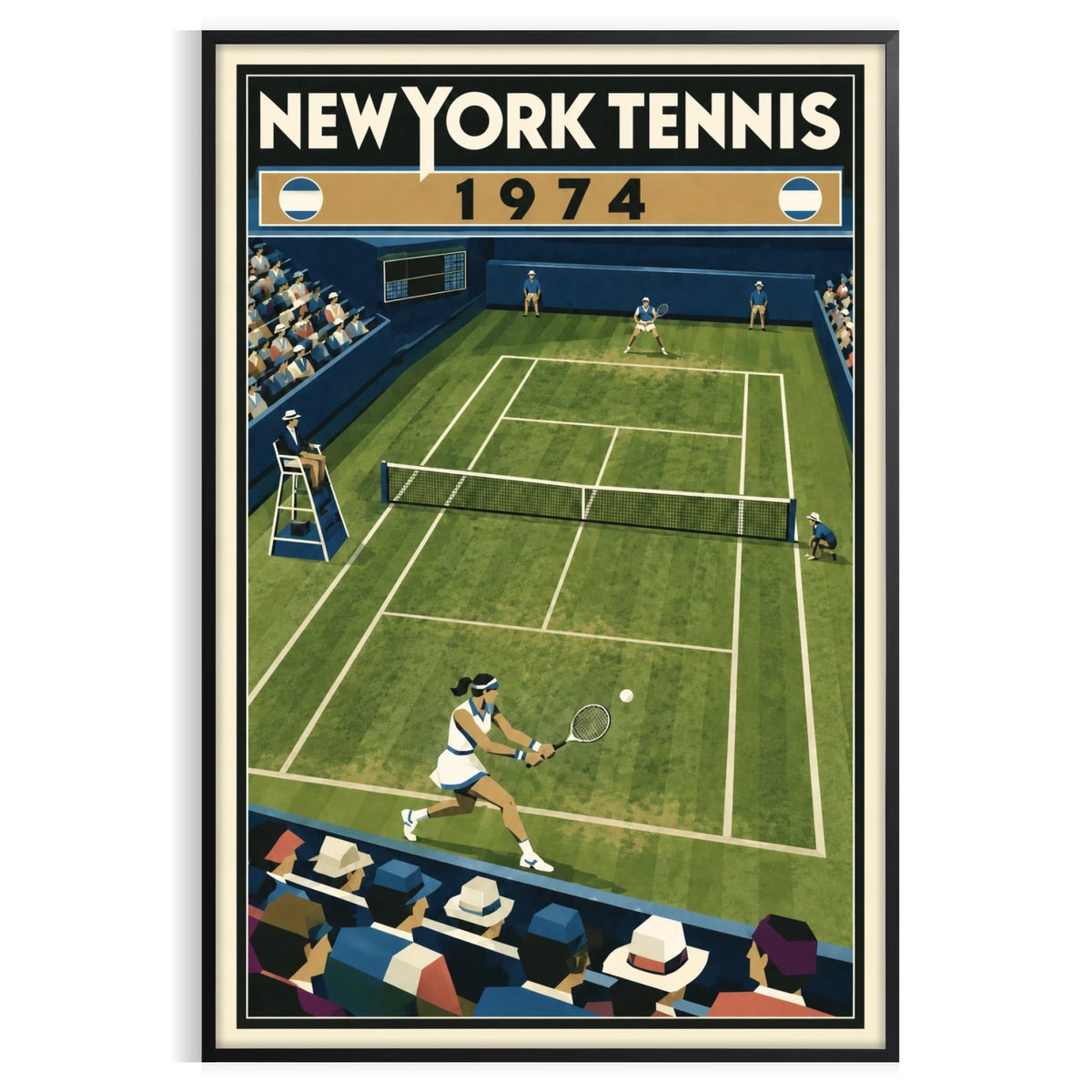 Affiche New York Tennis New York Tennis 1974 gazon revers croisé, affiche Art déco de tennis new-yorkaise