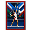 Affiche New York Tennis Geometric Femme service vers le trophée, affiche Art déco de tennis new-yorkaise