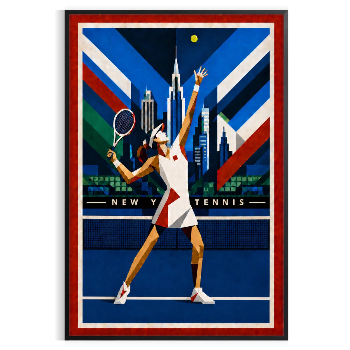 Affiche New York Tennis Geometric Femme service vers le trophée, affiche Art déco de tennis new-yorkaise