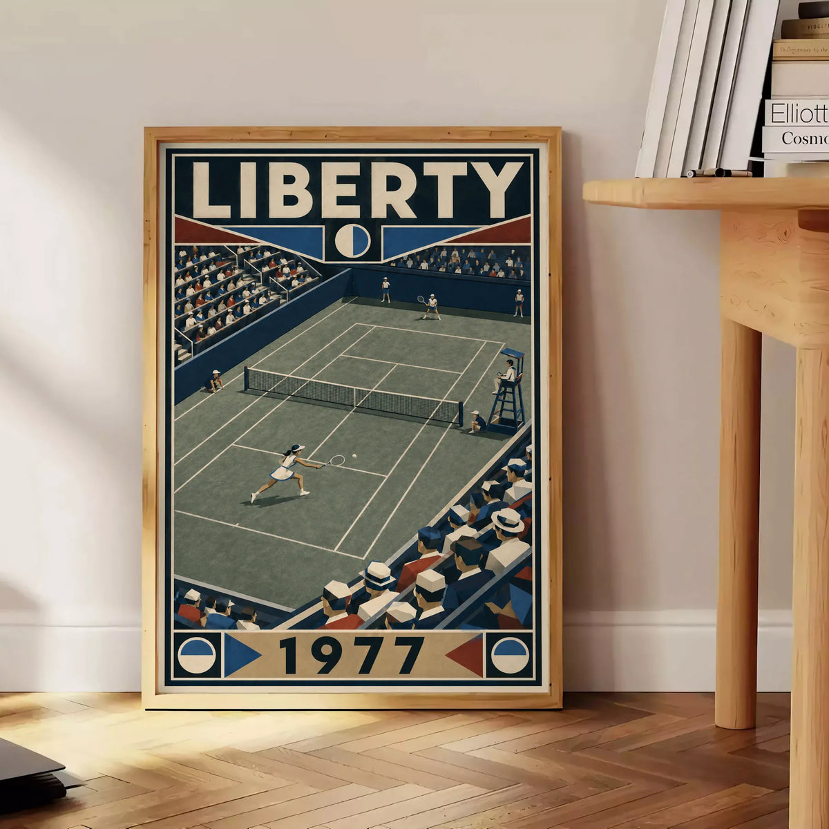 Affiche New York Tennis Liberty Tennis 1977 Femme Har-Tru dernière année, affiche Art déco de tennis new-yorkaise