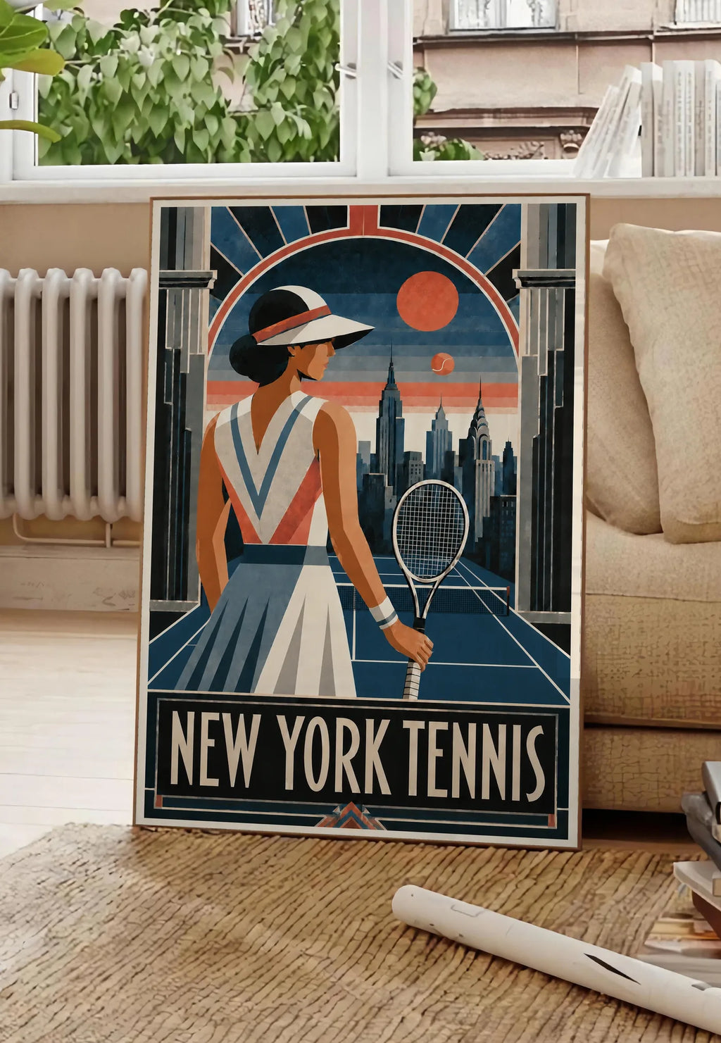 Affiche New York Tennis Femme Art Deco portrait sur court 3, affiche Art déco de tennis new-yorkaise