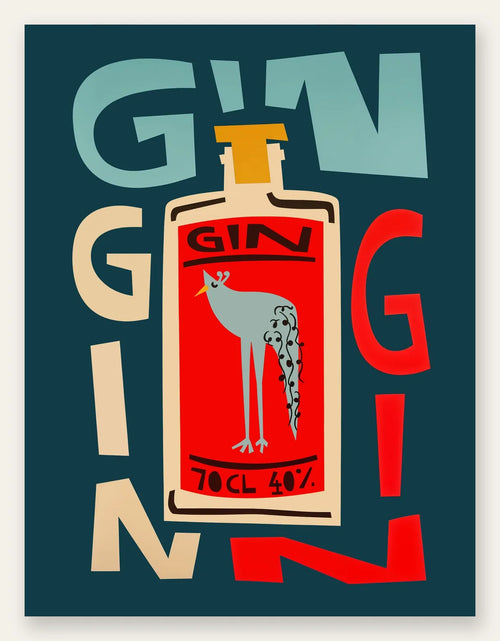 Affiche cocktail gin, bouteille pop art a l'oiseau et lettres GIN sur fond bleu canard