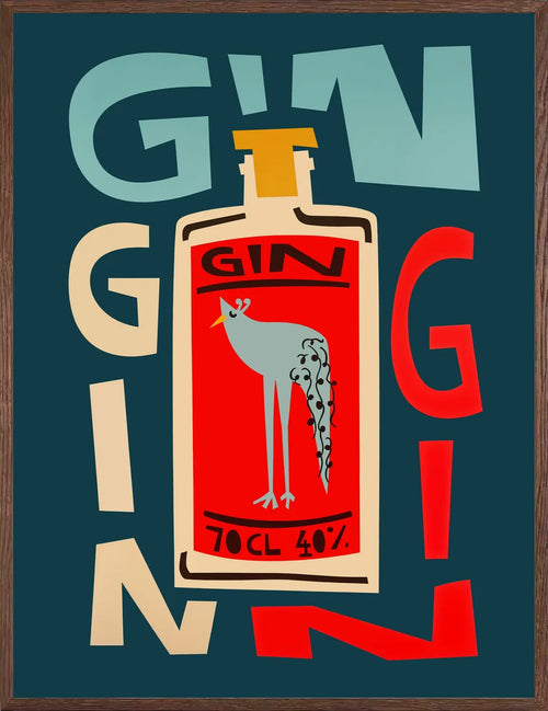 Cadre chene clair entourant l'affiche gin bouteille pop art