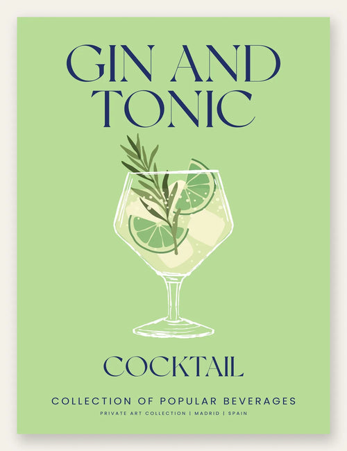 Affiche cocktail Gin Tonic, verre ballon, citron vert et romarin sur fond vert