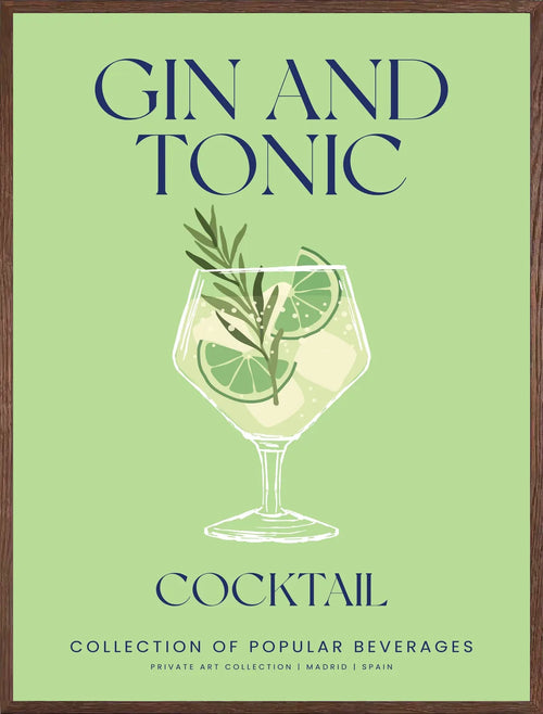 Cadre chene clair entourant l'affiche gin tonic illustration verte