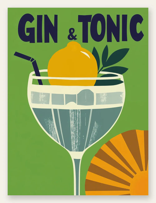 Affiche cocktail Gin Tonic, verre coupe, citron et soleil sur fond vert