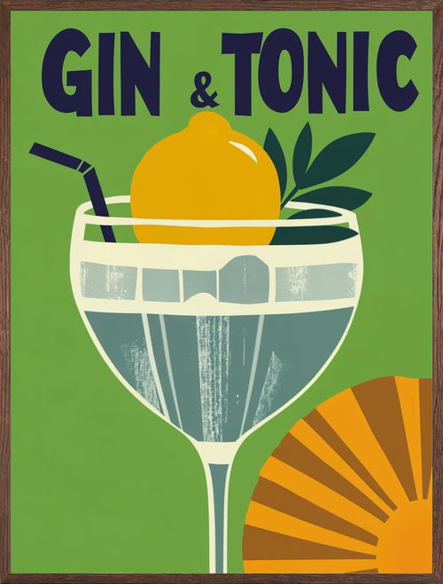 Cadre chene clair entourant l'affiche gin tonic mid century verte