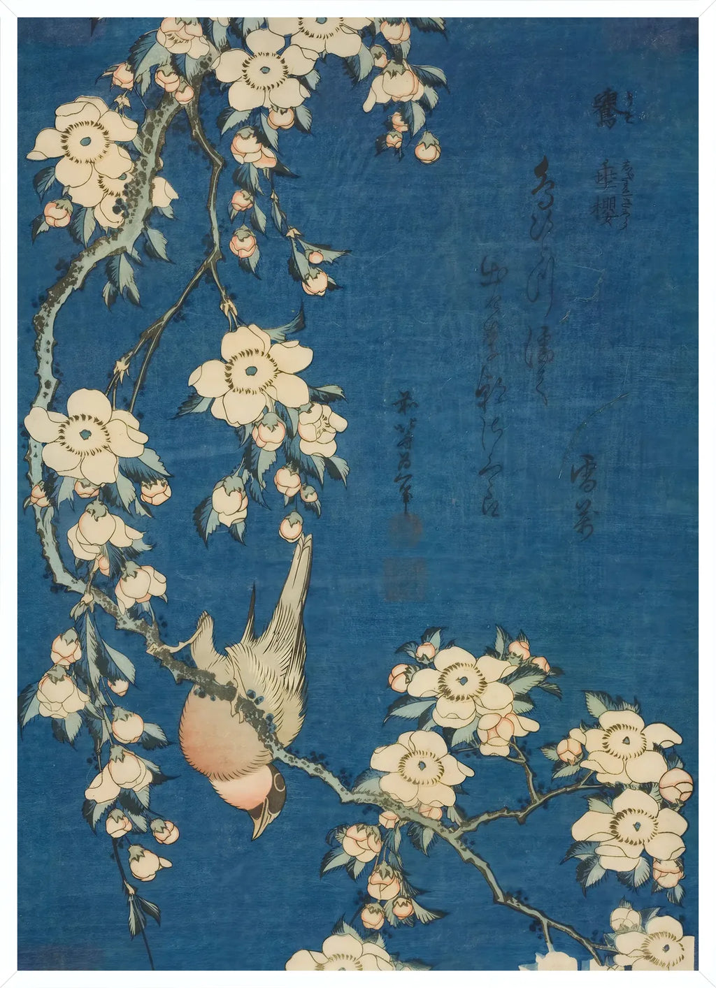 Cadre blanc epure presentant l'affiche Hokusai bouvreuil cerisier pleureur