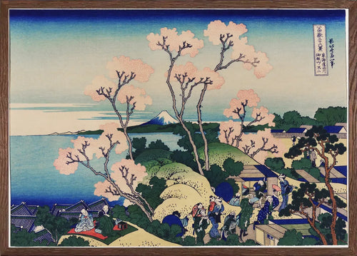 Cadre chene clair entourant l'affiche cerisiers de Goten-yama de Hokusai