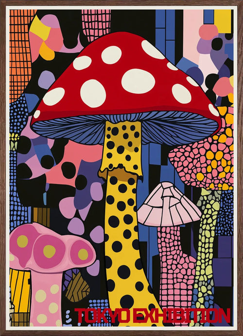 Cadre chene clair entourant l'affiche champignon pop de Kusama