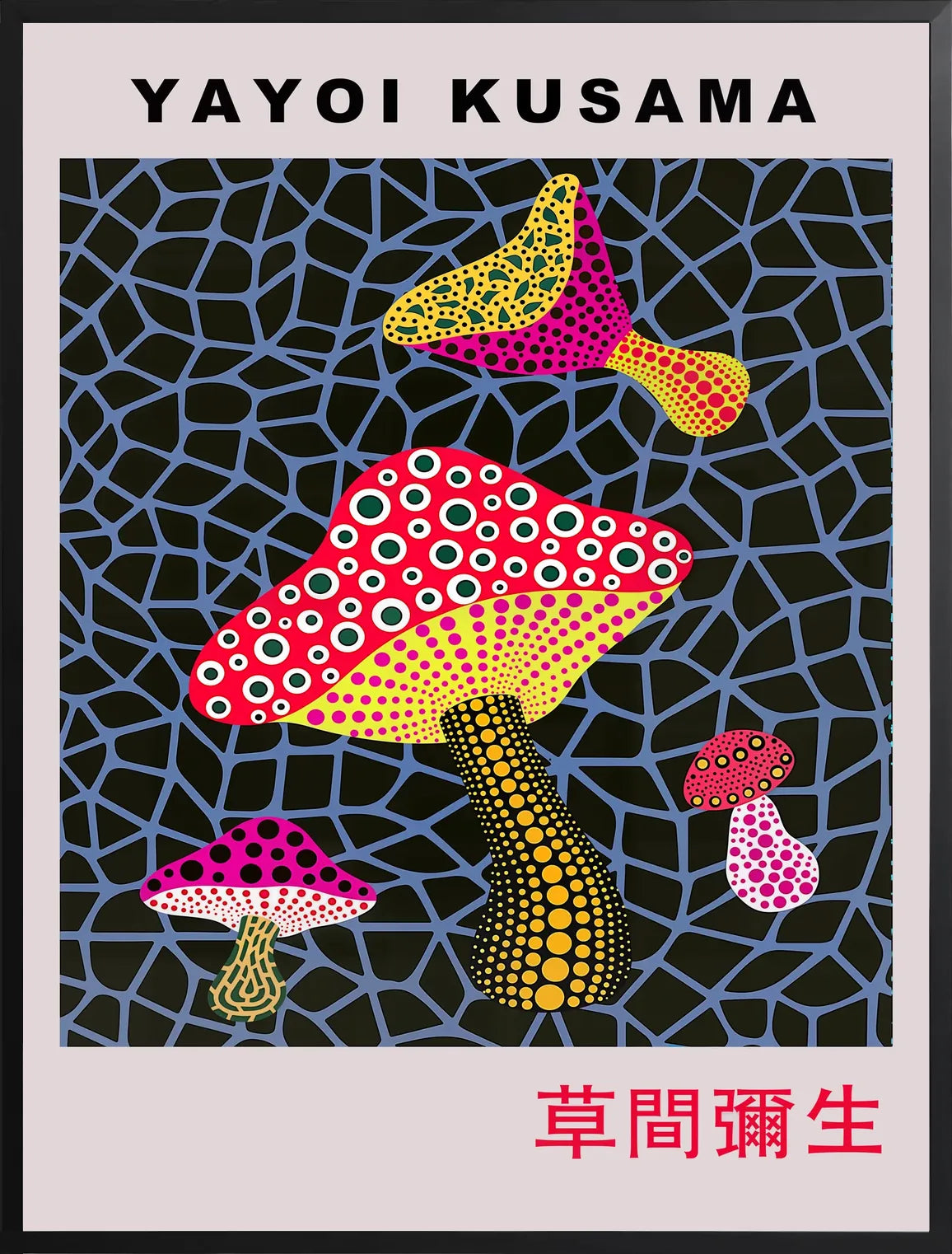 Encadrement noir mat autour de champignons a pois de Kusama