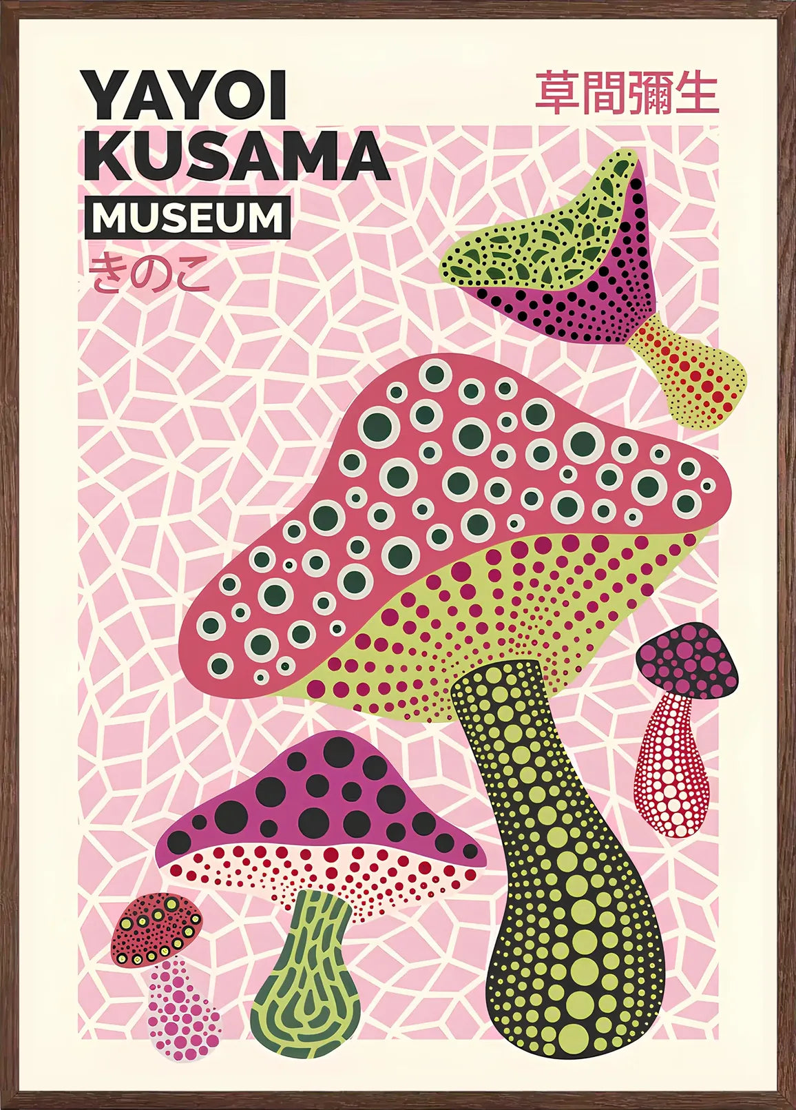 Cadre chene clair entourant l'affiche champignons magenta de Kusama