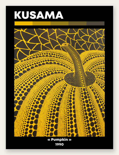 Affiche Kusama citrouille jaune a pois vue en contre-plongee sur fond noir, art japonais