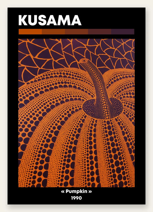 Affiche Kusama citrouille orange a pois vue en contre-plongee sur fond violet, art japonais