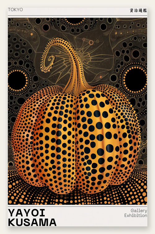 Affiche Kusama citrouille orange a pois sur fond noir, art japonais
