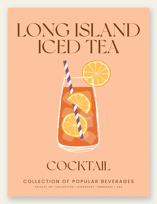 Affiche cocktail Long Island Iced Tea, verre ambre, citrons et paille rayee sur peche