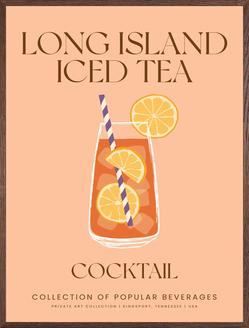 Cadre chene clair entourant l'affiche long island iced tea peche et orange