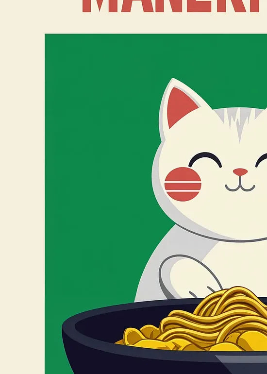 Gros plan sur le chat Maneki Neko ravi et le fil de ramen dore
