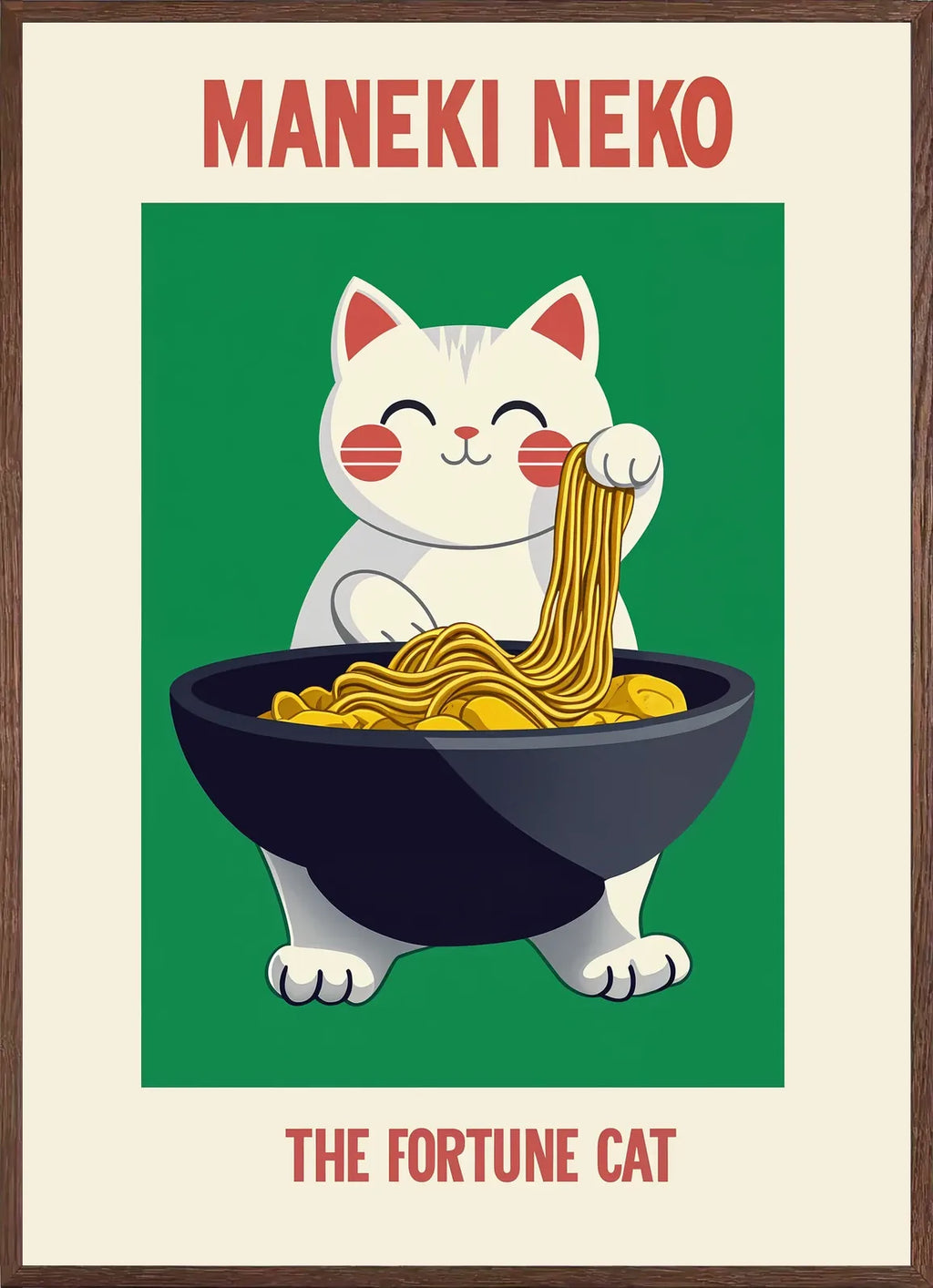 Cadre chene clair entourant l'affiche Maneki Neko chat bonheur