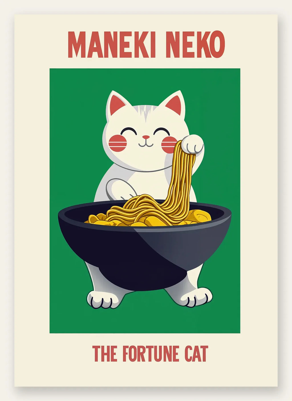 Affiche Maneki Neko chat porte-bonheur attrapant des ramen au-dessus d'un bol noir