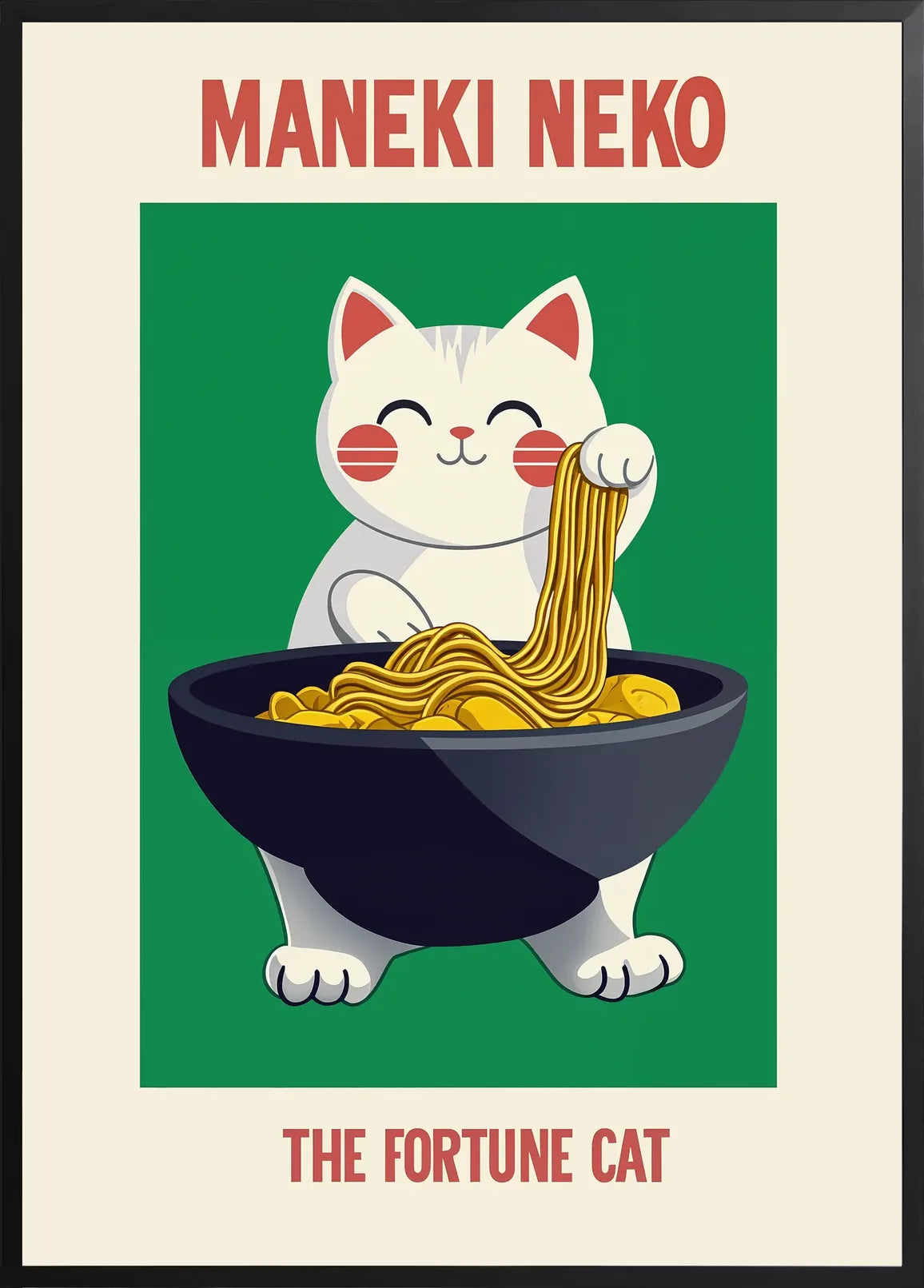 Encadrement noir mat autour du chat Maneki Neko et du bol de ramen