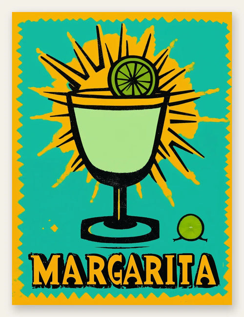 Affiche cocktail Margarita pop art, verre vert et citron sur soleil jaune turquoise