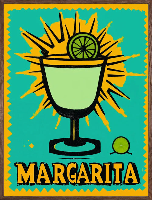 Cadre chene clair entourant l'affiche margarita pop art turquoise