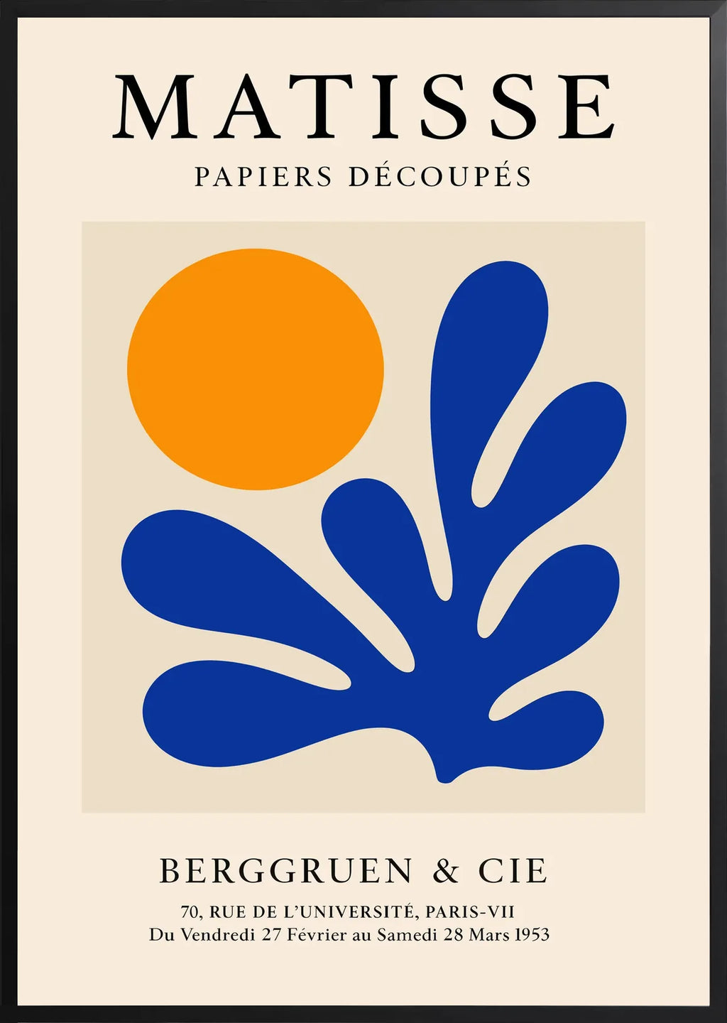 Encadrement noir mat autour de l'affiche Matisse corail bleu et soleil orange
