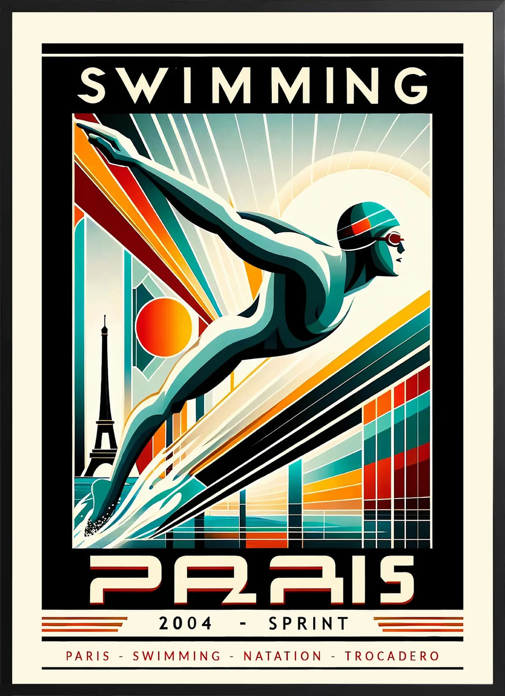 Encadrement noir mat autour de l'affiche natation Paris art deco Tour Eiffel