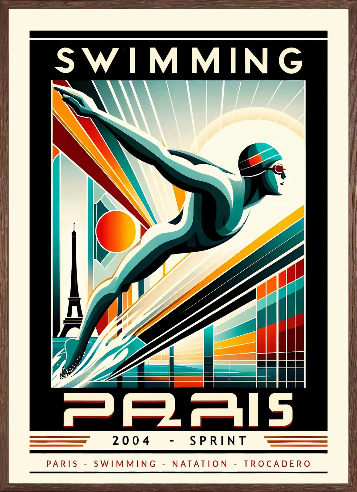Cadre chene clair entourant l'affiche Natation Paris Sprint de Cedric des Lauriers