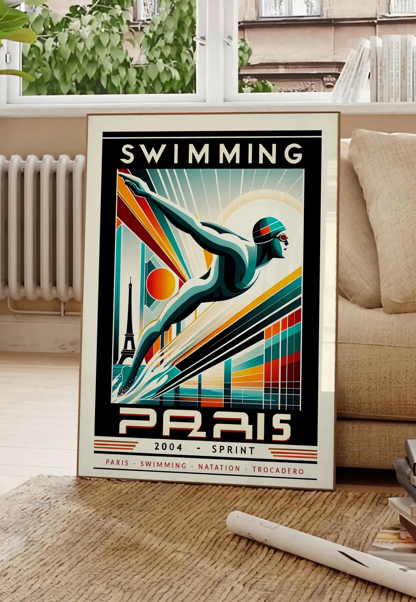 Poster affiche natation Paris Sprint art deco, posee au sol dans un salon parisien, devant une grande fenetre donnant sur un immeuble haussmannien, entre un ficus et un canape creme