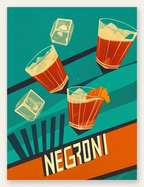 Affiche cocktail Negroni, verre a facettes et orange a l'aquarelle sur fond creme