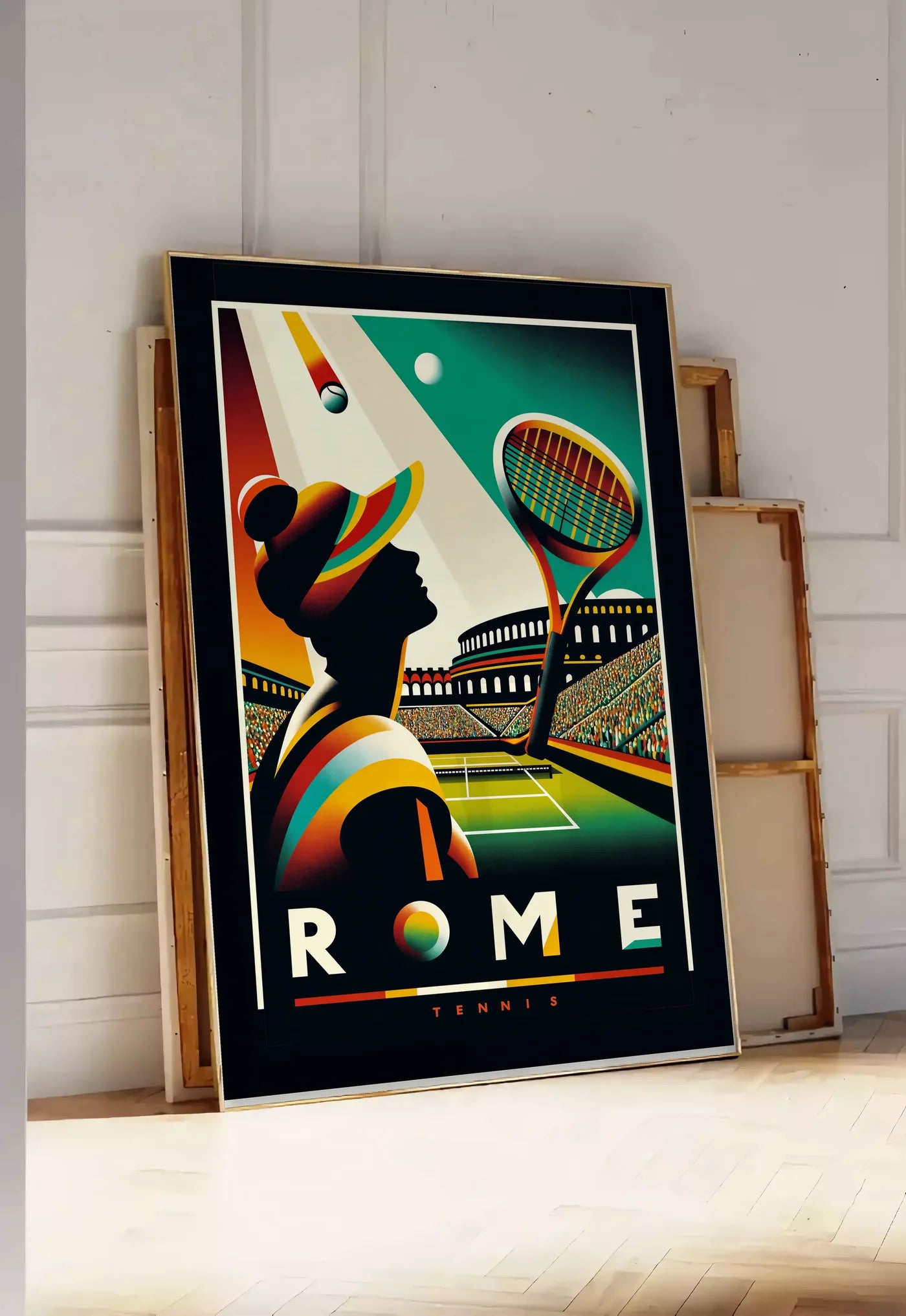 Affiche Rome Tennis encadrée chêne, accrochée dans un salon