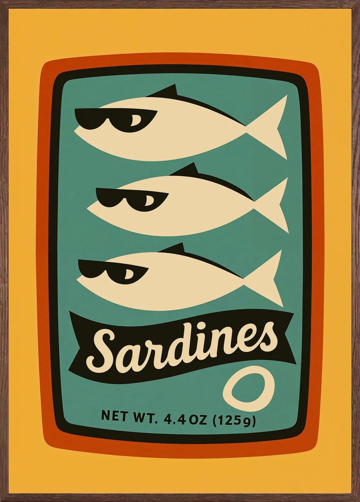 Cadre chene clair entourant l'affiche cuisine sardines conserve retro