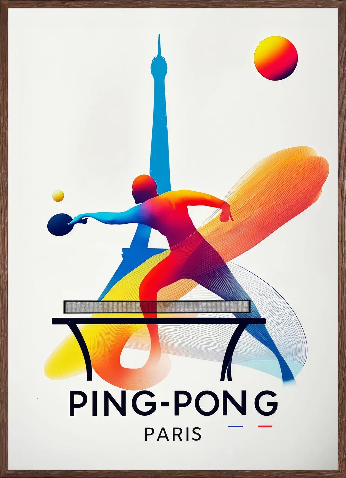 Cadre chene clair entourant joueur de ping-pong dynamique a la raquette, Tour Eiffel Paris