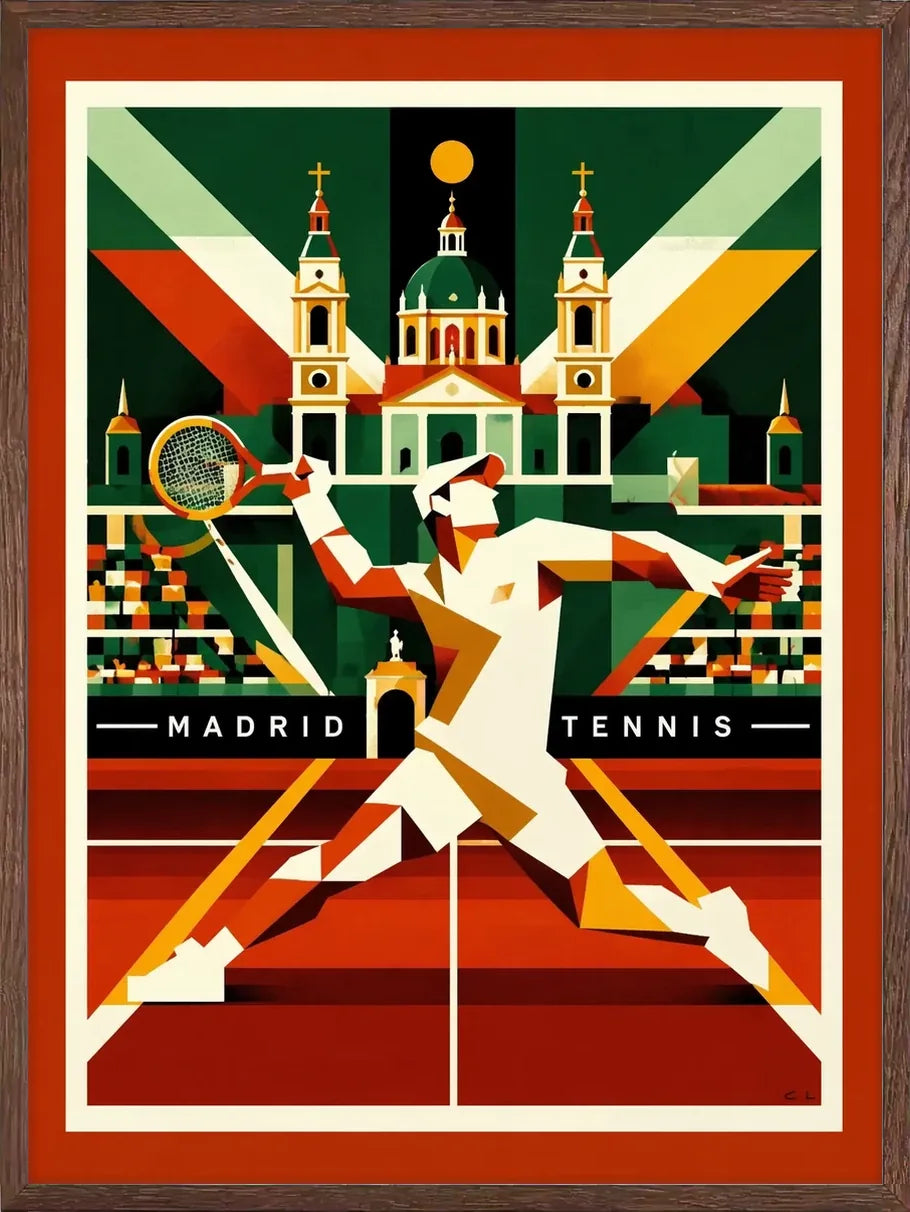 Cadre chene clair autour de l'affiche tennis Madrid smash art deco de Cedric des Lauriers