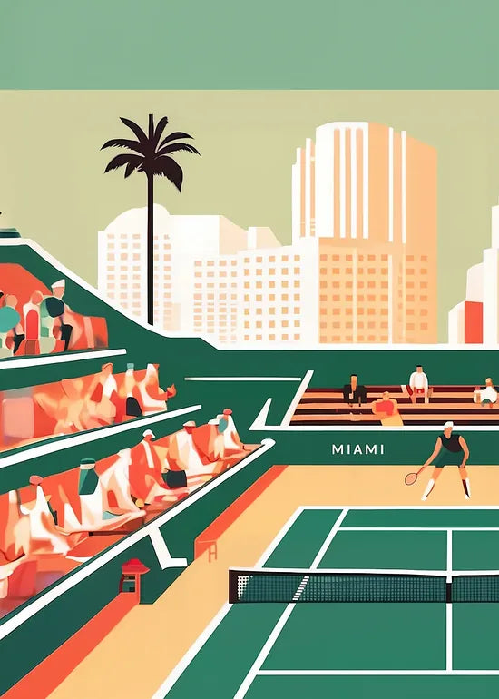 Gros plan sur spectateurs et court de tennis vert, skyline de Miami et palmiers
