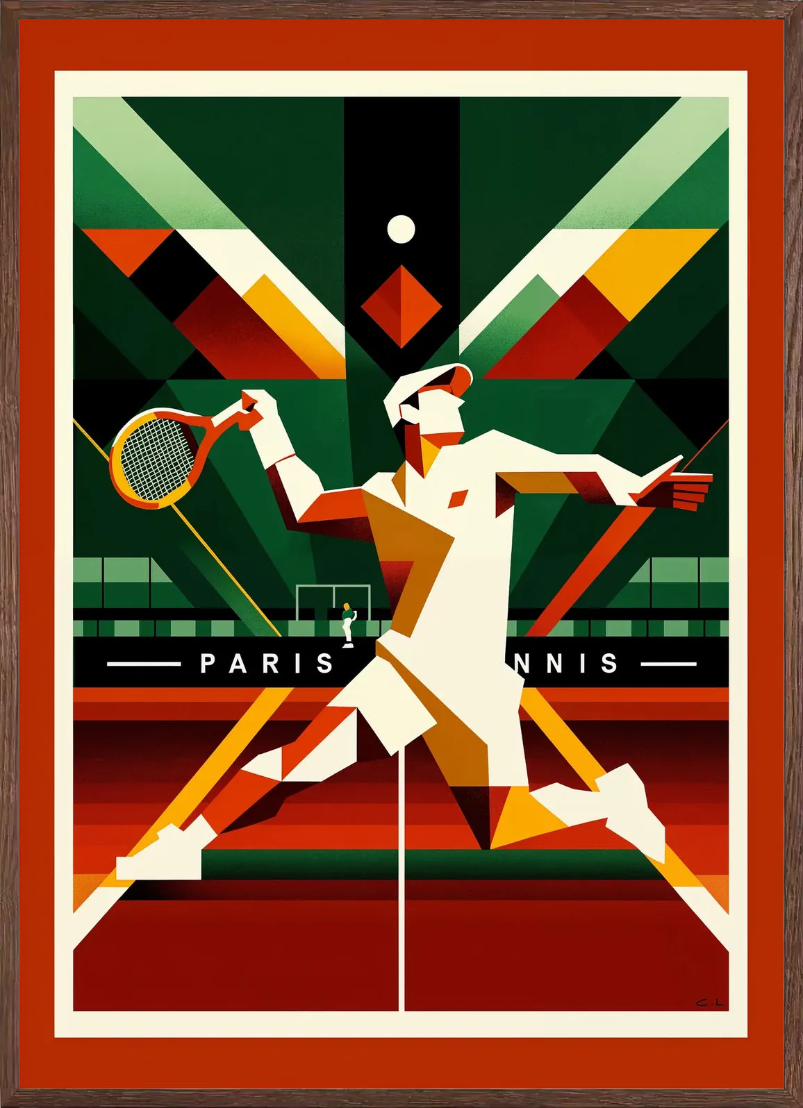 Cadre chene clair entourant joueur de tennis cubiste a la raquette, fond geometrique Paris