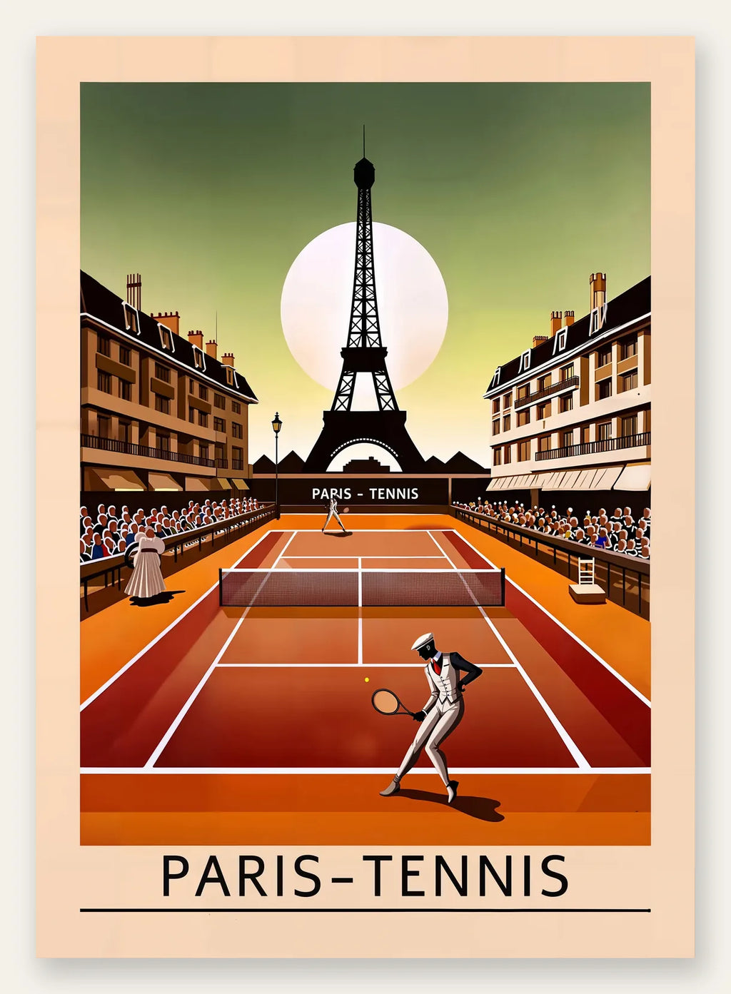 Joueur de tennis sur terre battue, Tour Eiffel au coucher de soleil