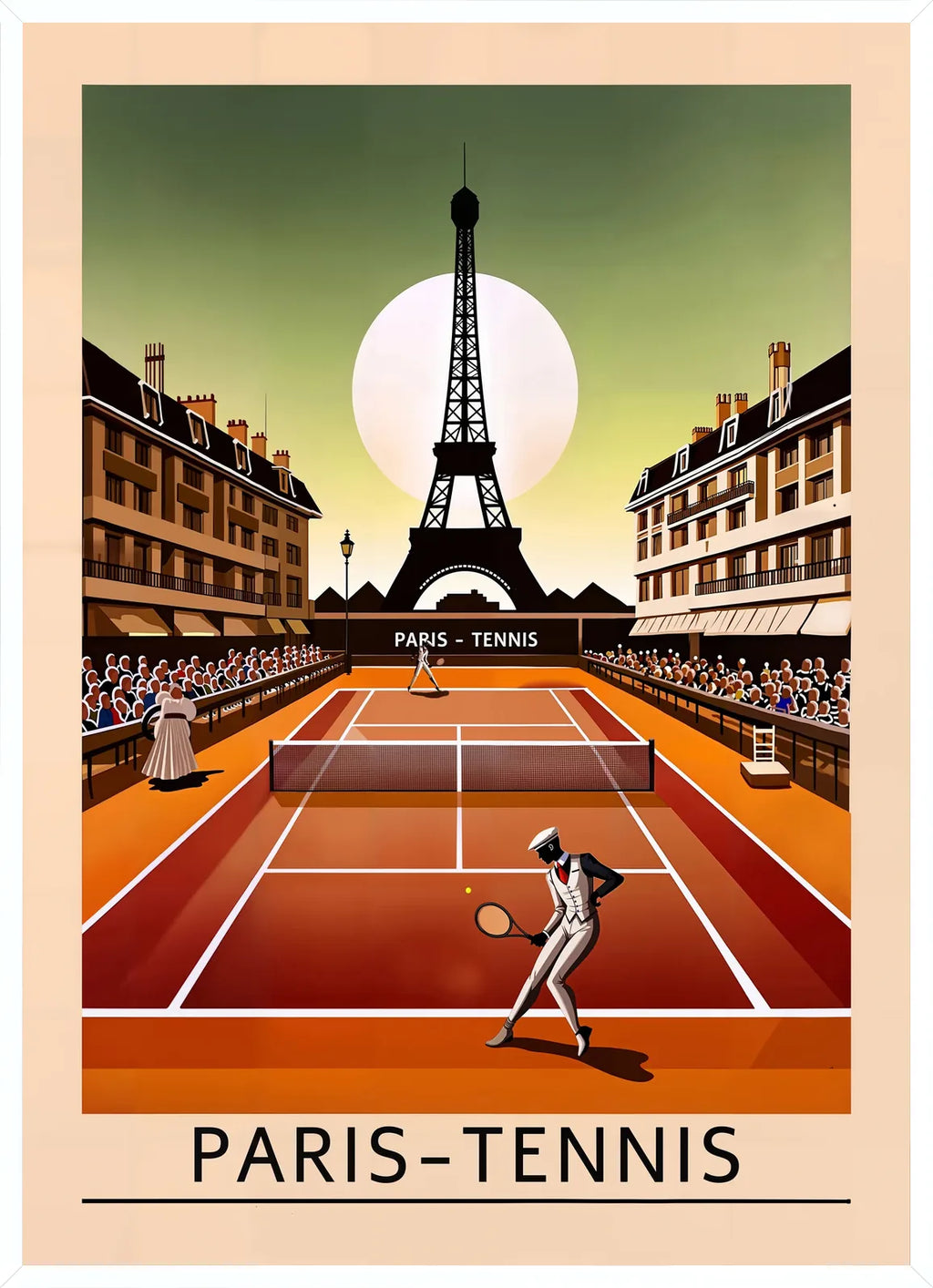 Cadre blanc epure presentant joueur de tennis sur terre battue, Tour Eiffel au coucher de soleil