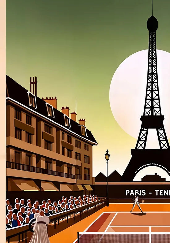 Gros plan sur joueur de tennis sur terre battue, Tour Eiffel sur ciel vert