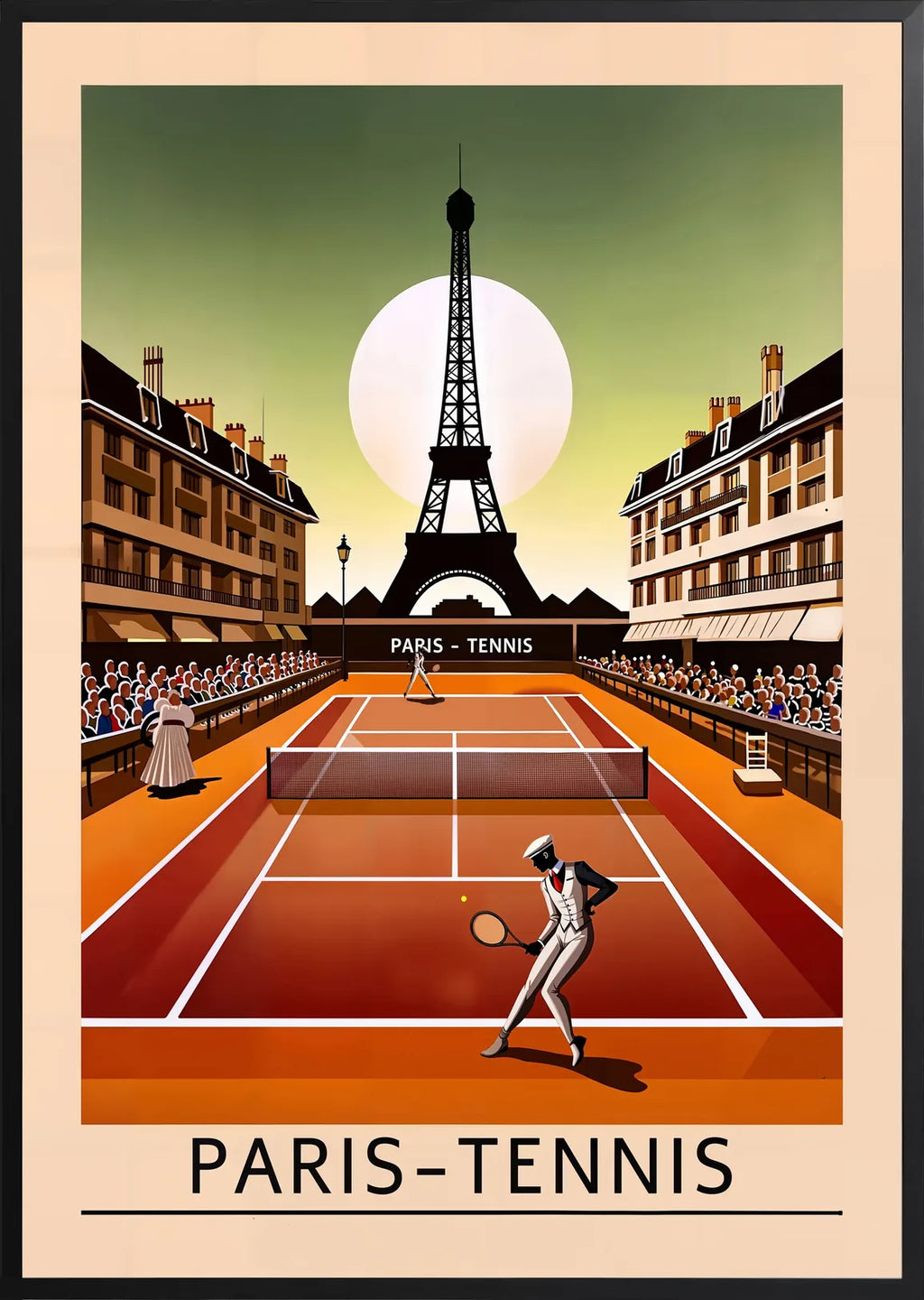 Encadrement noir mat autour de joueur de tennis sur terre battue, Tour Eiffel sur ciel vert
