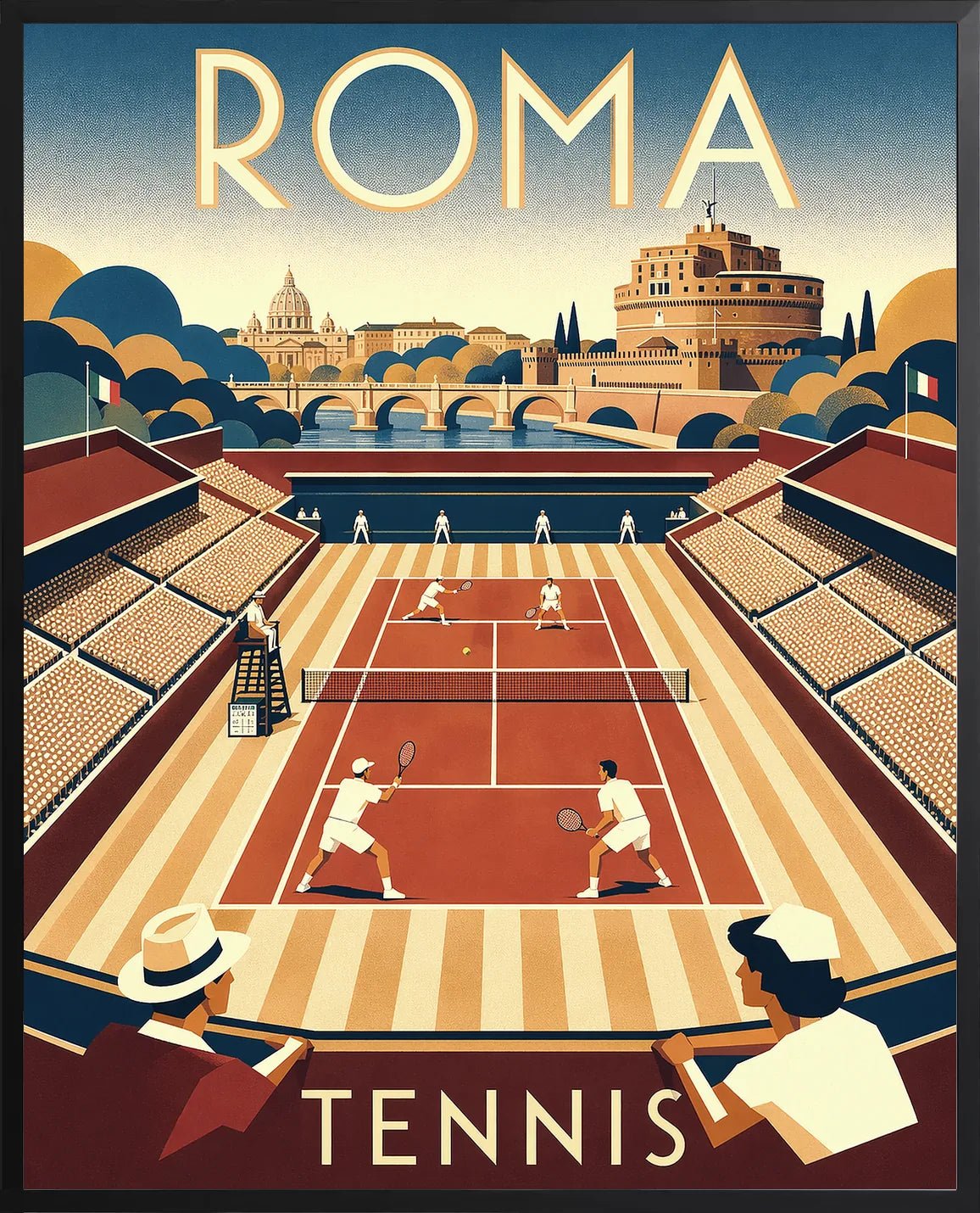 Encadrement noir mat autour de l'affiche tennis Rome panorama Art Deco