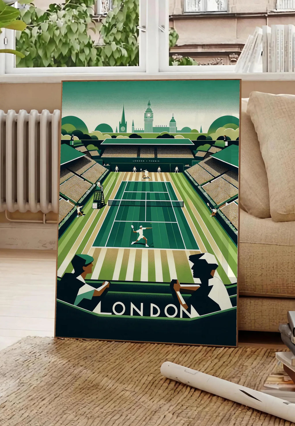 Poster court de tennis en gazon et spectateurs, posee au sol dans un salon parisien, devant une grande fenetre donnant sur un immeuble haussmannien, entre un ficus et un canape creme