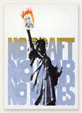 Affiche Statue de la Liberte vintage, silhouette en demi-teinte sur typographie bleue
