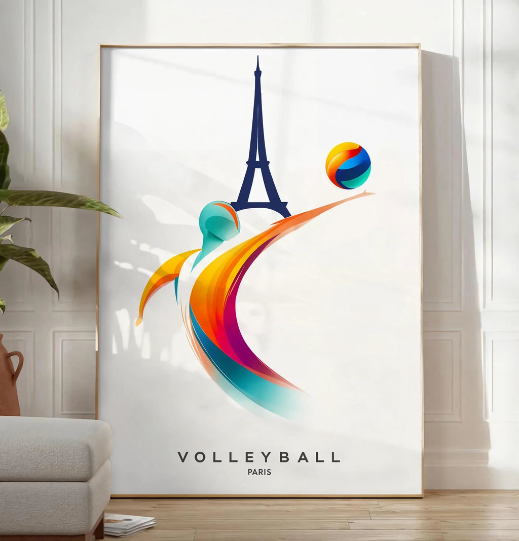 Reproduction affiche volleyball Paris, posee au sol dans un salon minimaliste clair, a cote d'un canape beige et d'une plante verte, sur un parquet clair